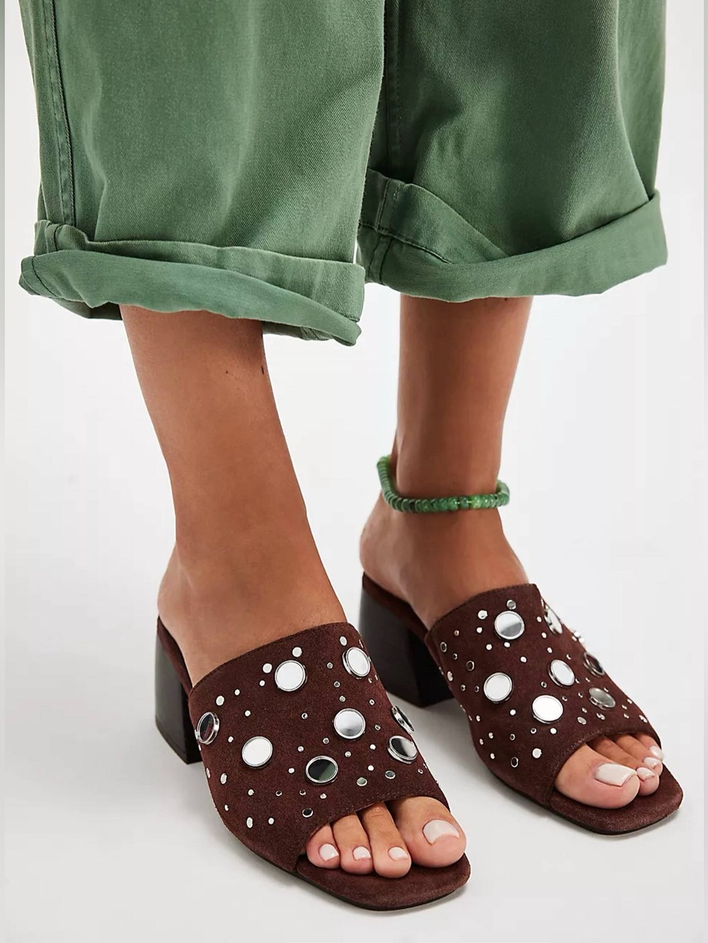 Free People Mirage Mule Espresso Suede Studded Slide Sandals SZ 6.5 NWT